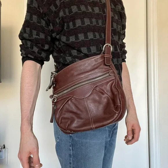 Brown Leather Fossil Crossbody Bag Adjustable Strap Preppy Streetwear Y2K - Picture 2 of 8